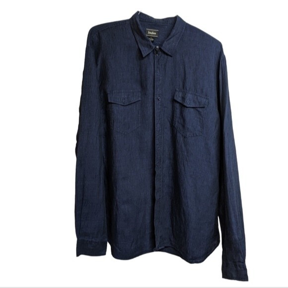 Neiman Marcus Men XL Long Sleeve Collared Button-Down Shirt 100% Linen Navy Blue - Picture 1 of 8